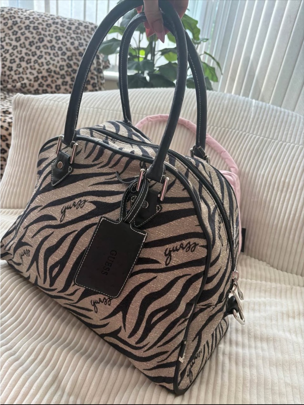 GUESS Zebra-Print Satchel in Black and Cream with Black Trim